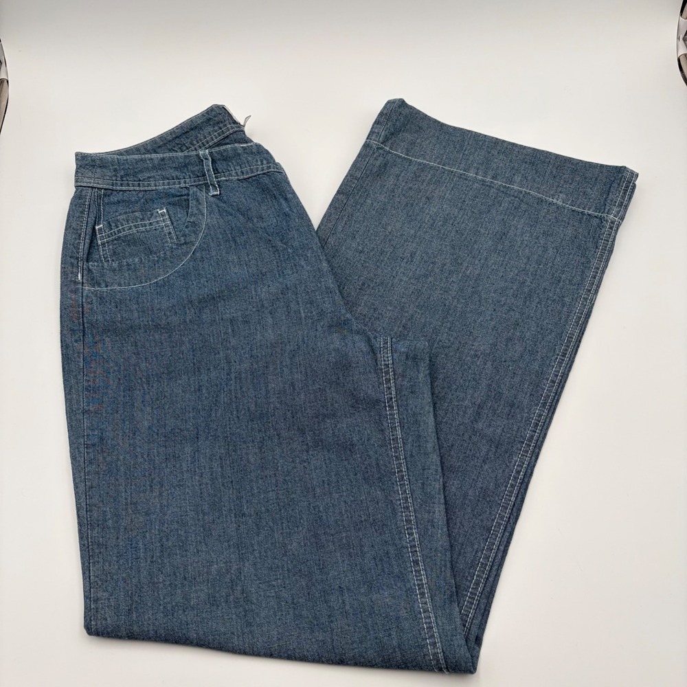 Chicos Blue Wide Leg Denim Trousers Contrast Stitch Cotton Jeans Size 1.5 REG